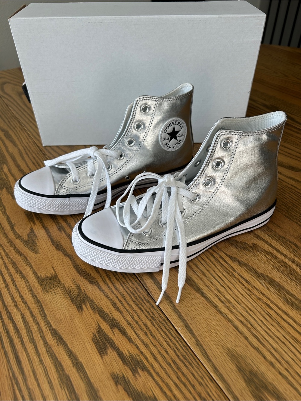 Converse Metallic Silver High Top Sneakers, size 8, NEW